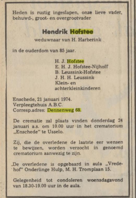 Dennenweg 68 Hendrik Hofstee overlijdensadvertentie Tubantia 22-1-1974.jpg
