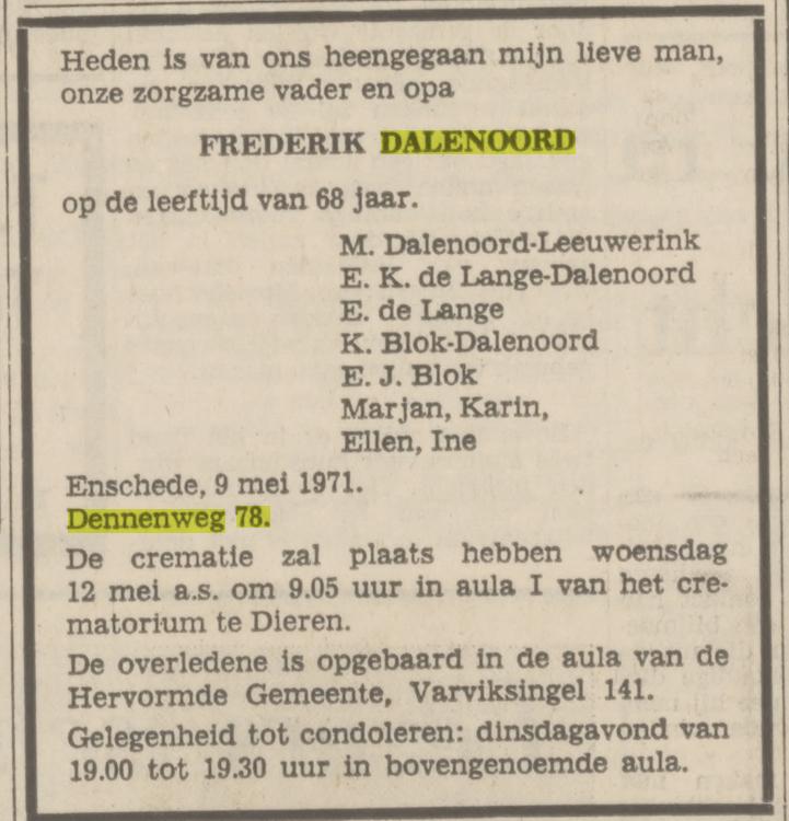 Dennenweg 78 Frederik Dalenoord overlijdensadvertentie Tubantia 10-5+-1971.jpg