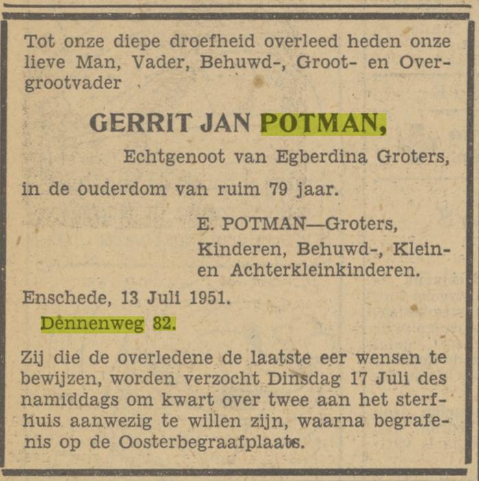 Dennenweg 82 G.J. Potman overlijdensadvertentie Tubantia 14-7-1951.jpg