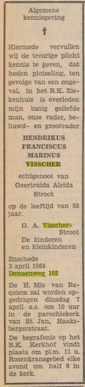 Dennenweg 102 H.F.M. Visscher overlijdensadvertentie Tubantia 4-4-1964.jpg