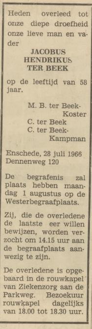 Dennenweg 120 J.H. ter Beek overlijdensadvertentie Tubantia 29-7-1966.jpg