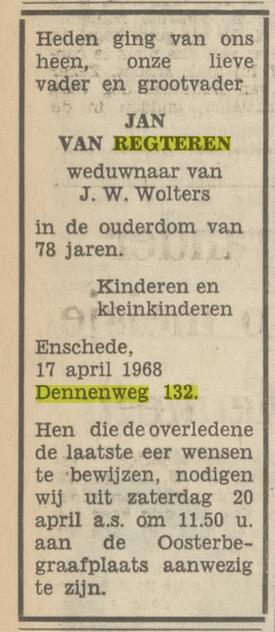 Dennenweg 132 Jan van Regteren overlijdensadvertentie Tubantia 18-4-1968.jpg
