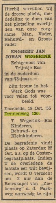 Dennenweg 130 E.J.J. Wegerink overlijdensadvertentie Tubantia 20-11-1955.jpg