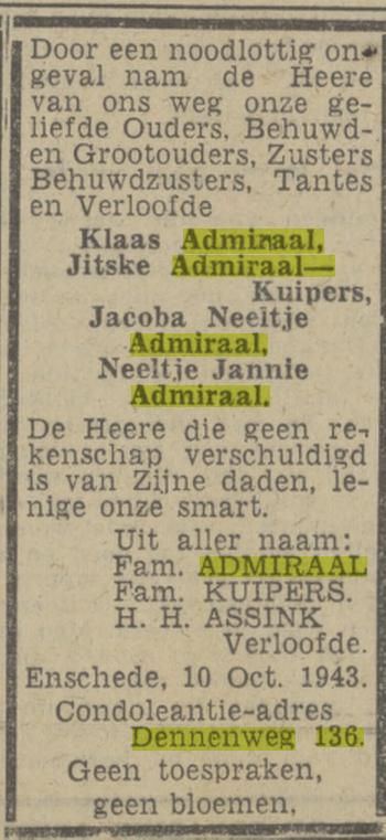Dennenweg 136 K. Admiraal overlijdensadvertentie Twentsch nieuwsblad 12-10-1943.jpg