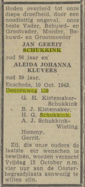 Dennenweg 139 J.G. Schukkink overlijdensadvertentie Twentsch nieuwsblad 14-10-1943.jpg