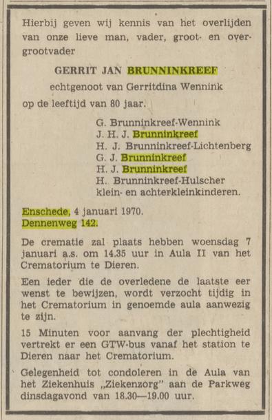 Dennenweg 142 G.J. Brunninkreef overlijdensadvertentie Tubantia 5-1-1970.jpg