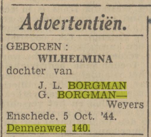 Dennenweg 140 J.L. Borgman advertentie Twentsch nieuwsblad 6-10-1944.jpg