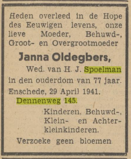 Dennenweg 145 Janna Spoelman-Oldegbers overlijdensadvertentie Tubantia 30+-4-1941.jpg