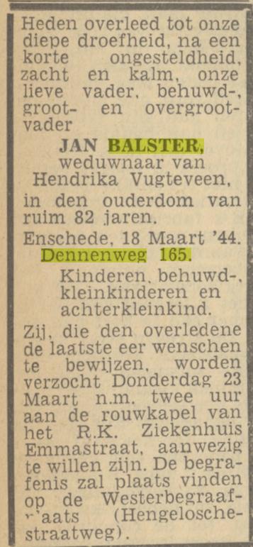 Dennenweg 165 Jan Balster overlijdensadvertentie Tubantia 20-3-1944.jpg