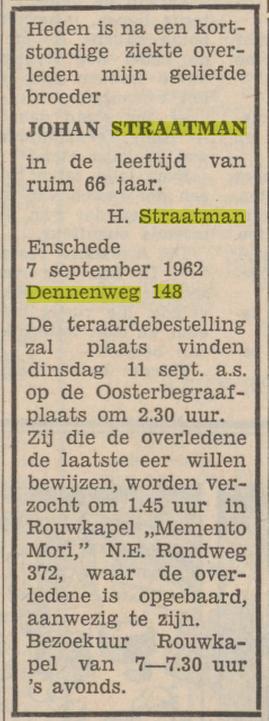 Dennenweg 148 Johan Straatman overllijdensadvertentie TubantiA 8-9-1962.jpg