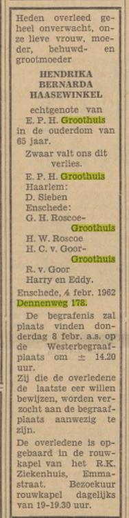 Dennenweg 178 H.B. Groothuis-Haasewinkel overlijdensadvertentie Tubantia 6-2-1962.jpg