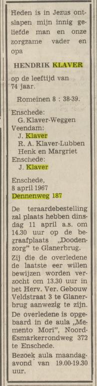 Dennenweg 187 Hendrik Klaver overlijdensadvertentie Tubantia 10-4-1967.jpg