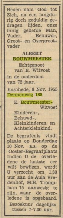 Dennenweg 188 Albert Bouwmeester overlijdensadvertentie Tubantia 7-11-1955.jpg