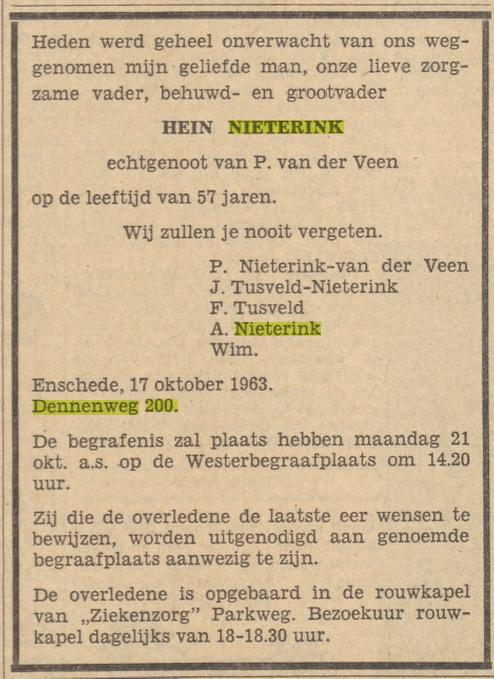 Dennenweg 200 Hein Nieterink overlijdensadvertentie Tubantia 19-10-1963.jpg