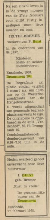 Dennenweg 202 J. Buist-Bremer overlijdensadvertentie Tubantia 28-2-1968.jpg