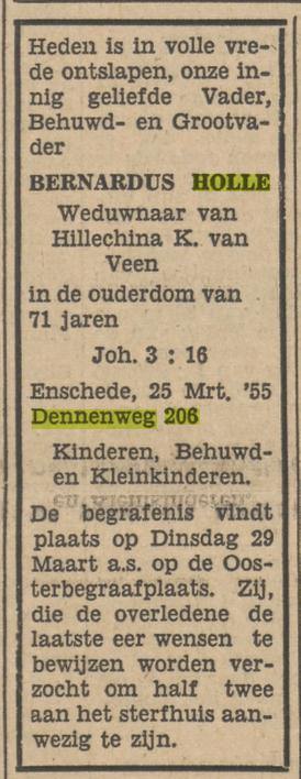 Dennenweg 206 Bernardus Holle overlijdensadvertentie Tubantia 28-3-1955.jpg
