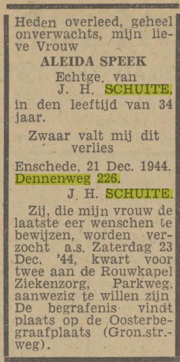 Dennenweg 226 A. Schuite-Speek overlijdensadvertentie Twentsch nieuwsblad 22-12-1944.jpg