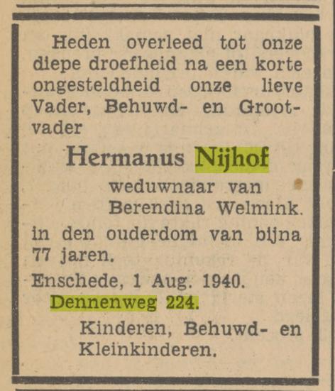 Dennenweg 224 Hermanus Nijhof overlijdensadvertentie Tubantia 2-8-1940.jpg