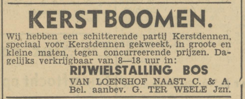 Van Loenshof Rijwielstalling Bos naast C & A advertentie Tubantia 18-12-1946.jpg
