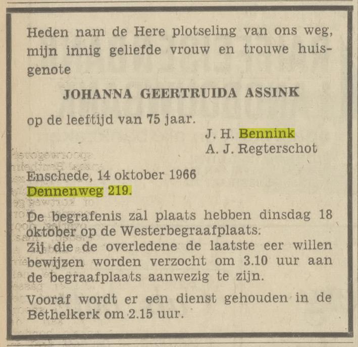 Dennenweg 219 J.G. Bennink-Assink overlijdensadvertentie Tubantia 15-10-1966.jpg