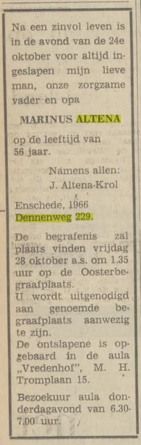 Dennenweg 229 Marinus Altena overlijdensadvertentie Tubantia 15-10-1966.jpg