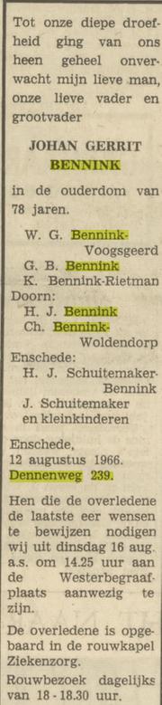 Dennenweg 239 J.G. Bennink overlijdensadvertentie Tubantia 13-8-1966.jpg