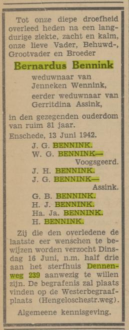 Dennenweg 239 Bernardus Bennink overlijdensadvertentie Tubantia 13-6-1942.jpg