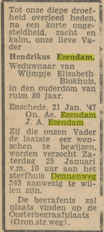 Dennenweg 243 Hendrikus Ezendam overlijdensadvertentie Tubantia 22-1-1947.jpg