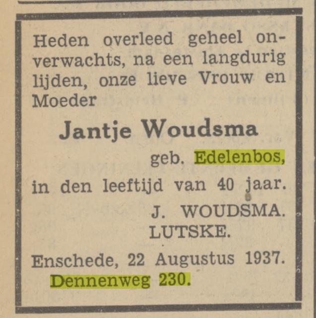 Dennenweg 230 J. Woudsma-Edelenbos overlijdensadvertentie Tubantia 23-8-1937.jpg