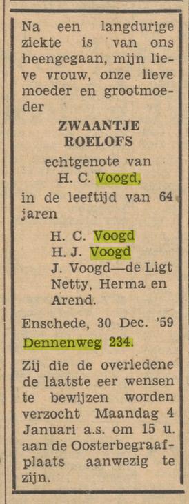 Dennenweg 234 Zwaantje Voogd-Roelofs overlijdensadvertentie Tubantia 2-1-1960.jpg