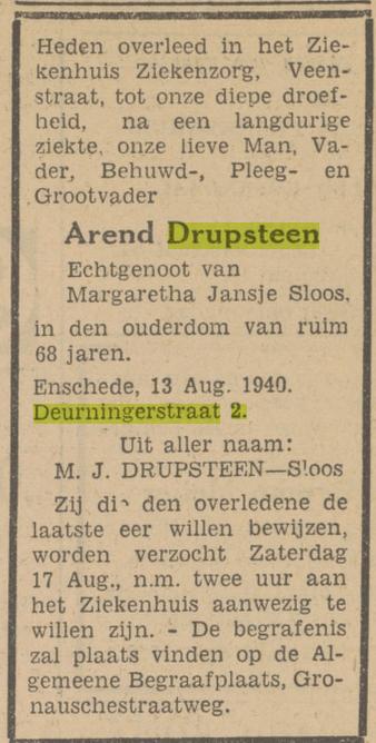 Deurningerstraat 2 Arend Drupsteen overlijdensadvertentie Tubantia 13-8-1940.jpg