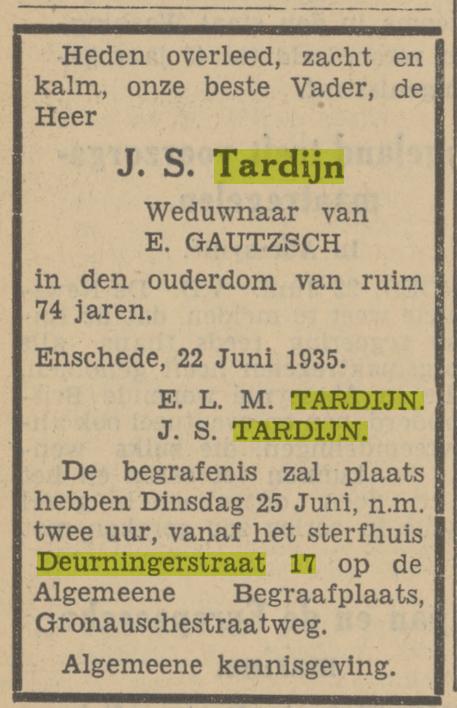 Deurningerstraat 17 J.S. Tardijn overlijdensadvertentie Tubantia 22-6-1935.jpg