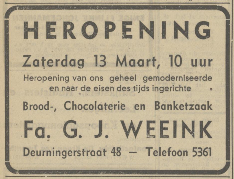 Deurningerstraat 48 heropening bakkerij Fa. G.J. Weeink advertentie Tubantia 12-3-1948.jpg