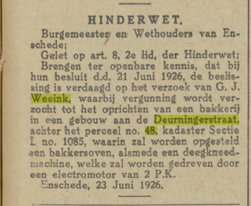 Deurningerstraat 48 bakkerij G.J. Weeink krantenbericht Tubantia 24-6-1926.jpg