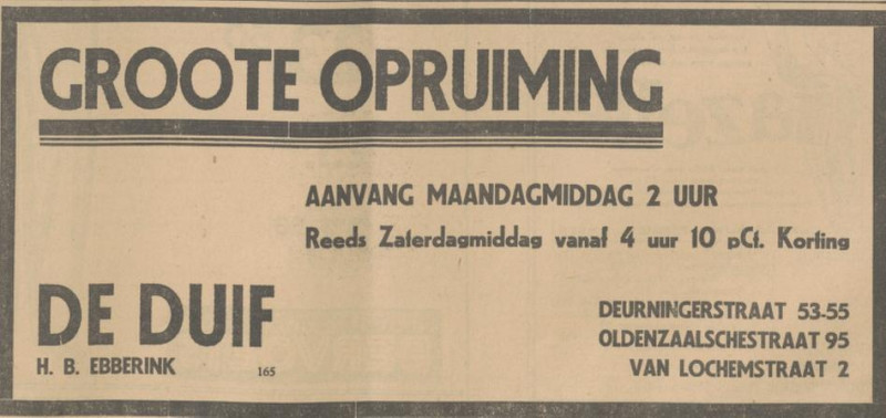 Deurningerstraat 53-55 De Duif H.B. Ebberink advertentie Tubantia 12-6-1931.jpg
