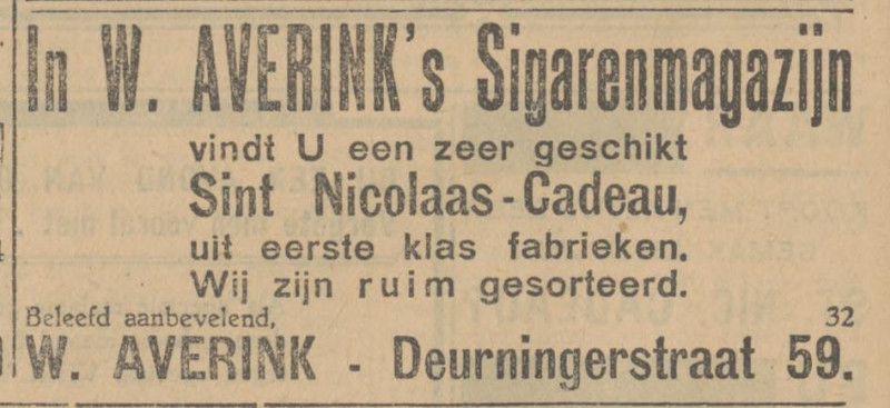 Deurningerstraat 59 sigarenmagazijn W. Averink advertentie Tibantia 2-12-1929.jpg