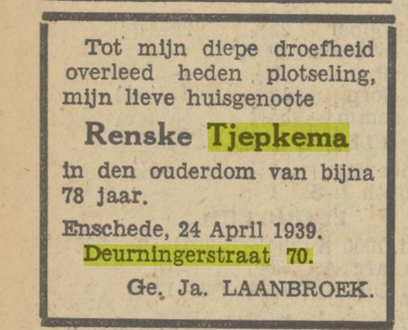 Deurningerstraat 70 Renske Tjepkema overlijdensadvertentie Tubantia 25-4-1939.jpg