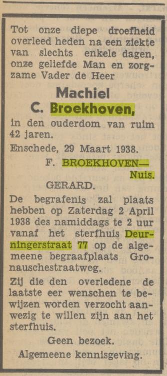 Deurningerstraat 77 M.C. Broekhoven overlijdensadvertentie Tubantia 29-3-1938.jpg