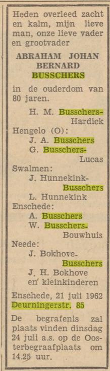 Deurningerstraat 85 A.J.B Busschers overlijdensadvertentie Tubantia 23-7-1962.jpg