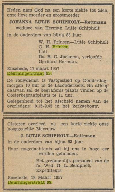 Deurningerstraat 99 Johanna Lutke Schipholt-Rotmann overlijdensadvertentie Tubantia 18-3-1957.jpg