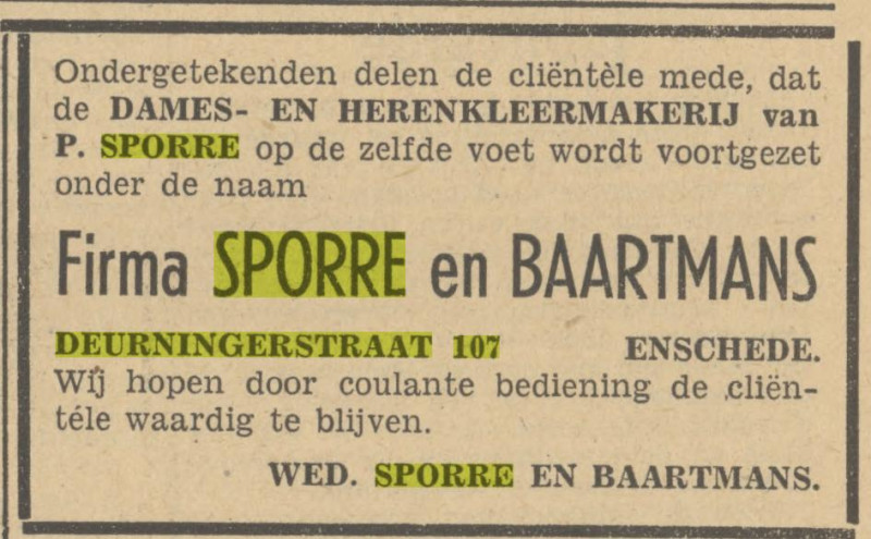 Deurningerstraat 107 kleermaker P. Sporre advertentie Tubantia 27-11-1948.jpg