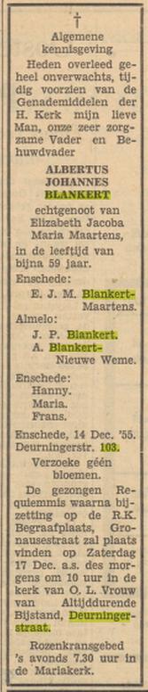 Deurningerstraat 103 A.J. Blankert overlijdensadvertentie Tubantia 15-12-1955.jpg