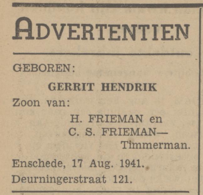 Deurningerstraat 121 H. Frieman advertentie Tubantia 18-8-1941.jpg