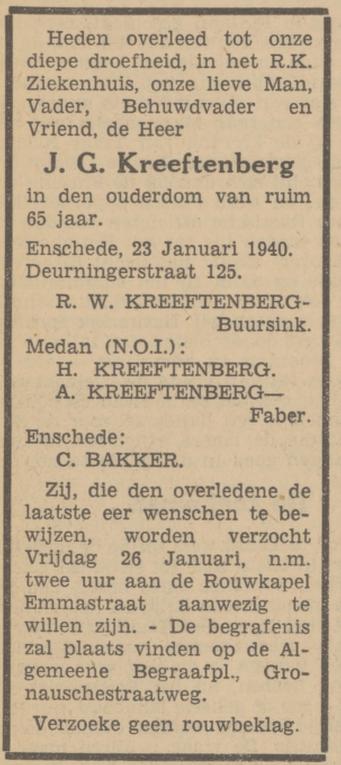 Deurningerstraat 125 J.G. Kreeftenberg overlijdensadvertentie Tubantia 24-1-1940.jpg