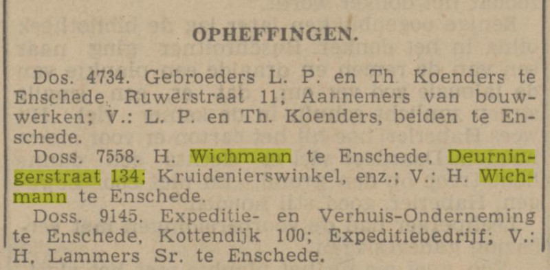 Deurningerstraat 134 opheffing kruideniersbedrijf Wichmann krantenbericht Tubantia 10-4-1941.jpg