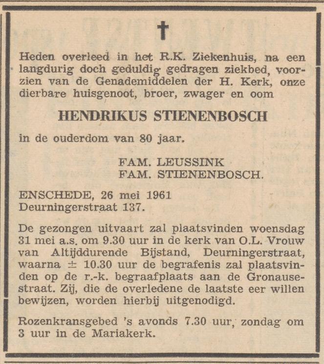 Deurningerstraat 137 Hendrikus Stienenbosch overlijdensaadvertentie Twentsche Courant 27-5-1961.jpg