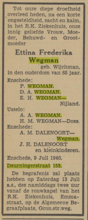 Deurningerstraat 153 E.F. Wegman-Wijchman overlijdensadvertentie Tubantia 10-7-1940.jpg