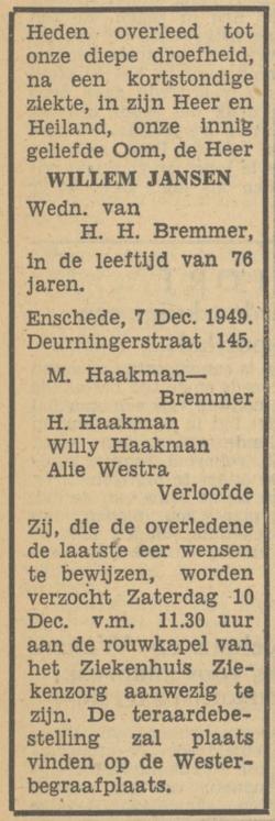 Deurningerstraat 145 Willem Jansen overlijdensadvertentie Tubantia 8-12-1949.jpg