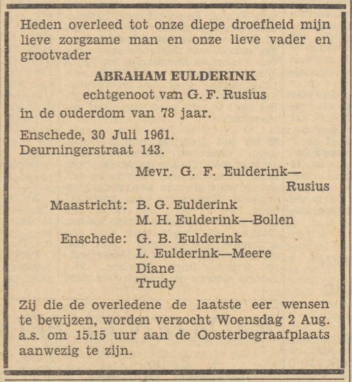 Deurningerstraat 143 Abraham Eulderink Overlijdensadvertentie Tubantia 31-7-1961.jpg