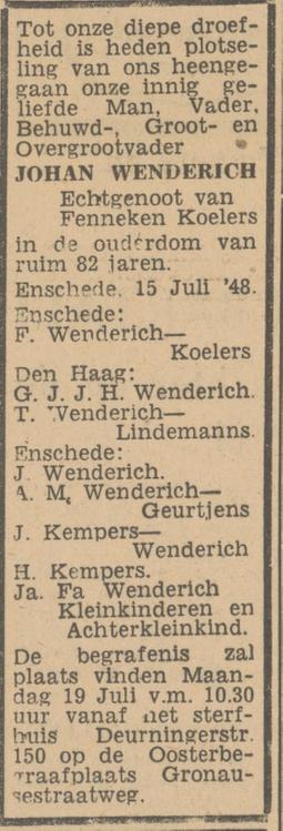 Deurningerstraat 150 Johan Wenderich overlijdensadvertentie Tubantia 16-7-1948.jpg